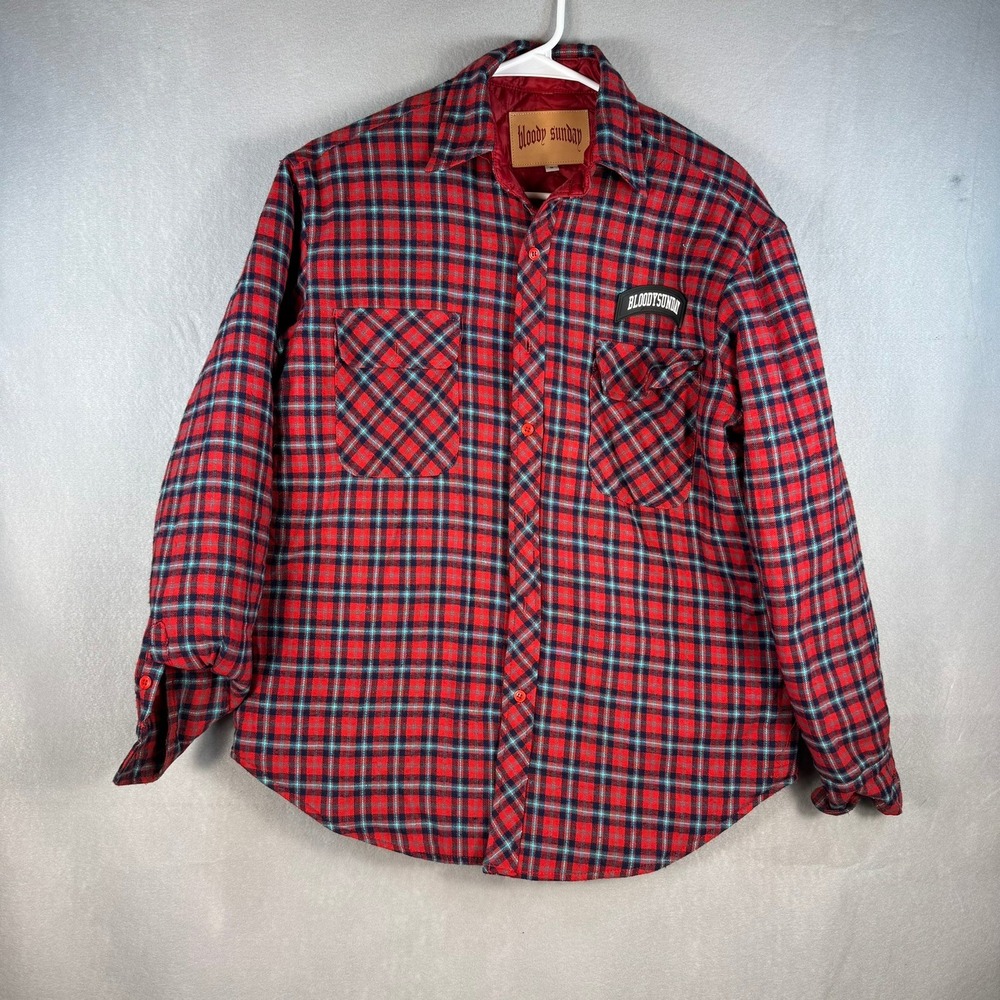 Bloody Sunday Mens Red Plaid Quilted Flannel Shirt Jacket Large Back Logo Small